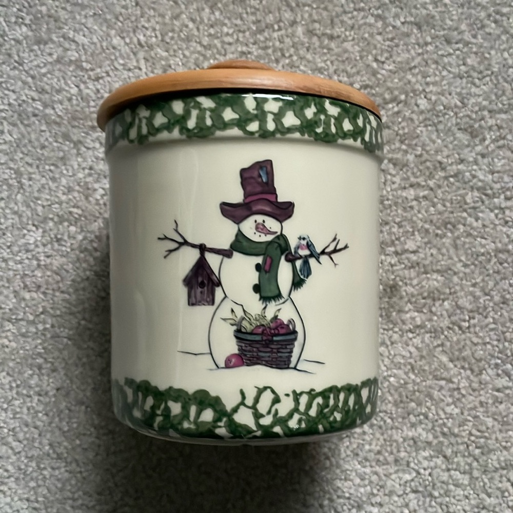 HENN WORKSHOPS authentic 5” tall and 5” diameter snowman jar with wooden lid